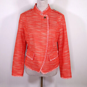 Chicos Jacket 1 Womens 8 Orange Tweed Woven Moto Full Zip Fringe Trim Epaulettes